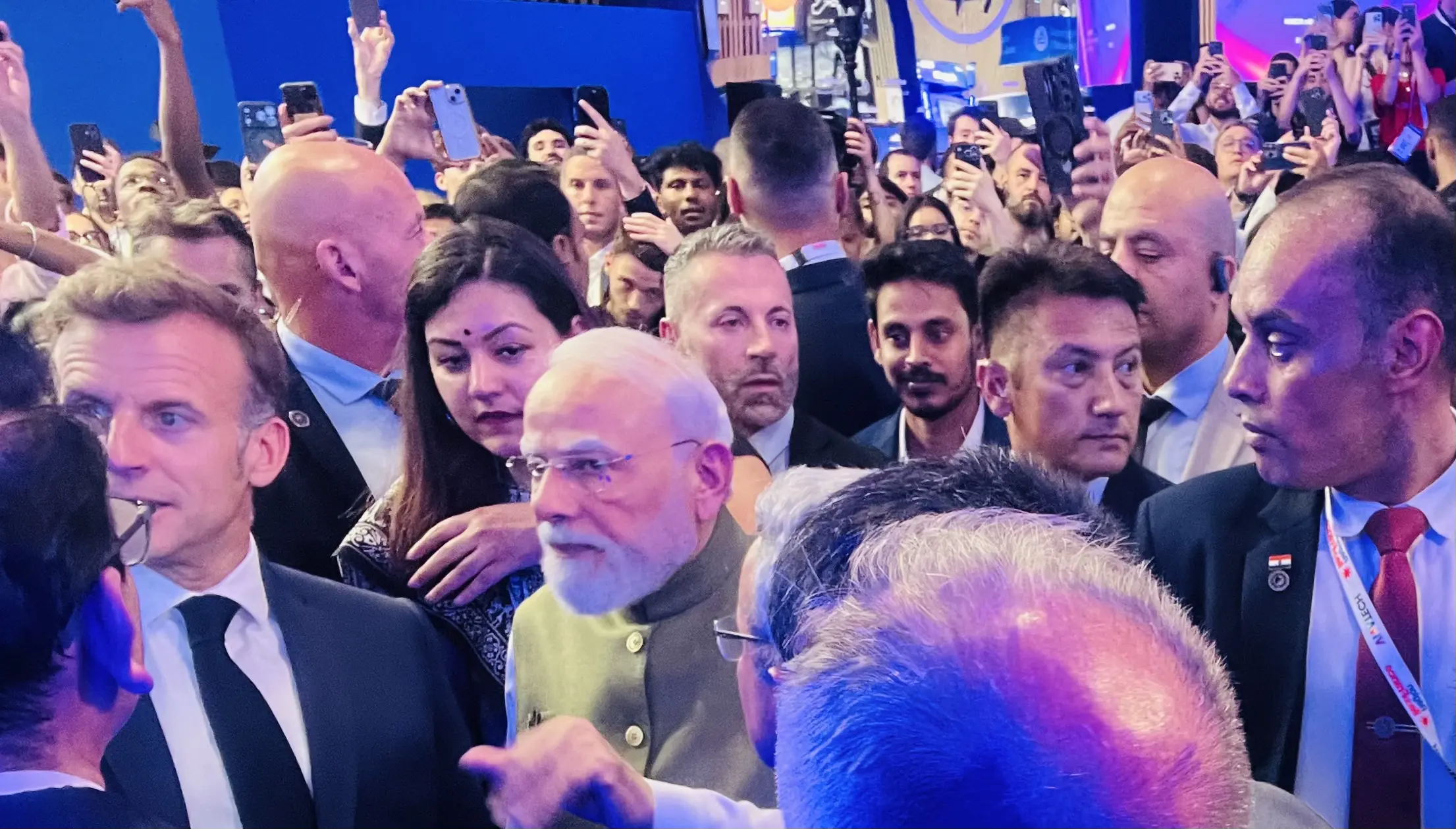 PM Modi and President Macron tour the India Pavilion at VivaTech 2026, alongside Rajesh Chalasani, founder of Integron